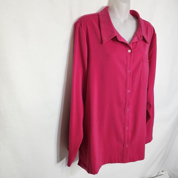 Susan Graver Womens Shirt Size 14 Stretch Peachskin Button Front Big Pink Hi Low - Picture 4 of 9